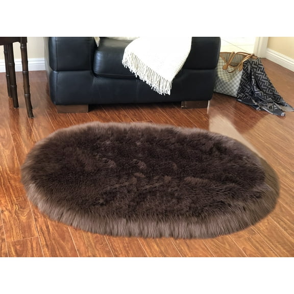 Soho Luxurious Faux Sheepskin Oval Shape Brown Shag Area Rug