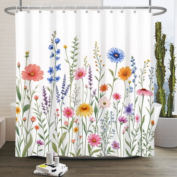 Duangreer Colorful Floral Shower Curtain, Watercolor Botanical Wildflower Bathroom Curtain with 12 Hooks, 72x72 Inches