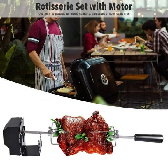 Rotisserie Kit Stainless Steel Automatic BBQ Grill Rotisserie Set with Motor Grilling Hot Dog Chicken Steak US Plug Stainless Steel Silver