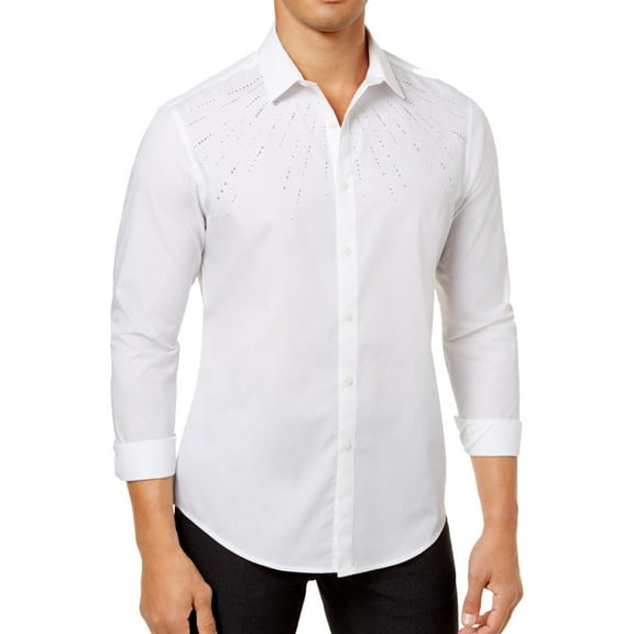 I.N.C Mens Beaded LS Button Up Shirt, White, Medium