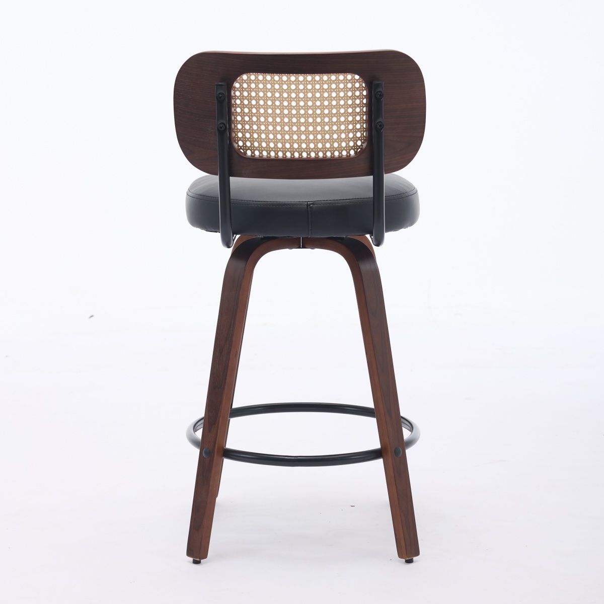26 Inch Counter Height Swivel Bar Stools, Set of 3 Upholstered Faux Leather Bar Chairs with Walnut Back, Bentwood Legs, Mid Century Modern Island Stools for Kitchen Counter