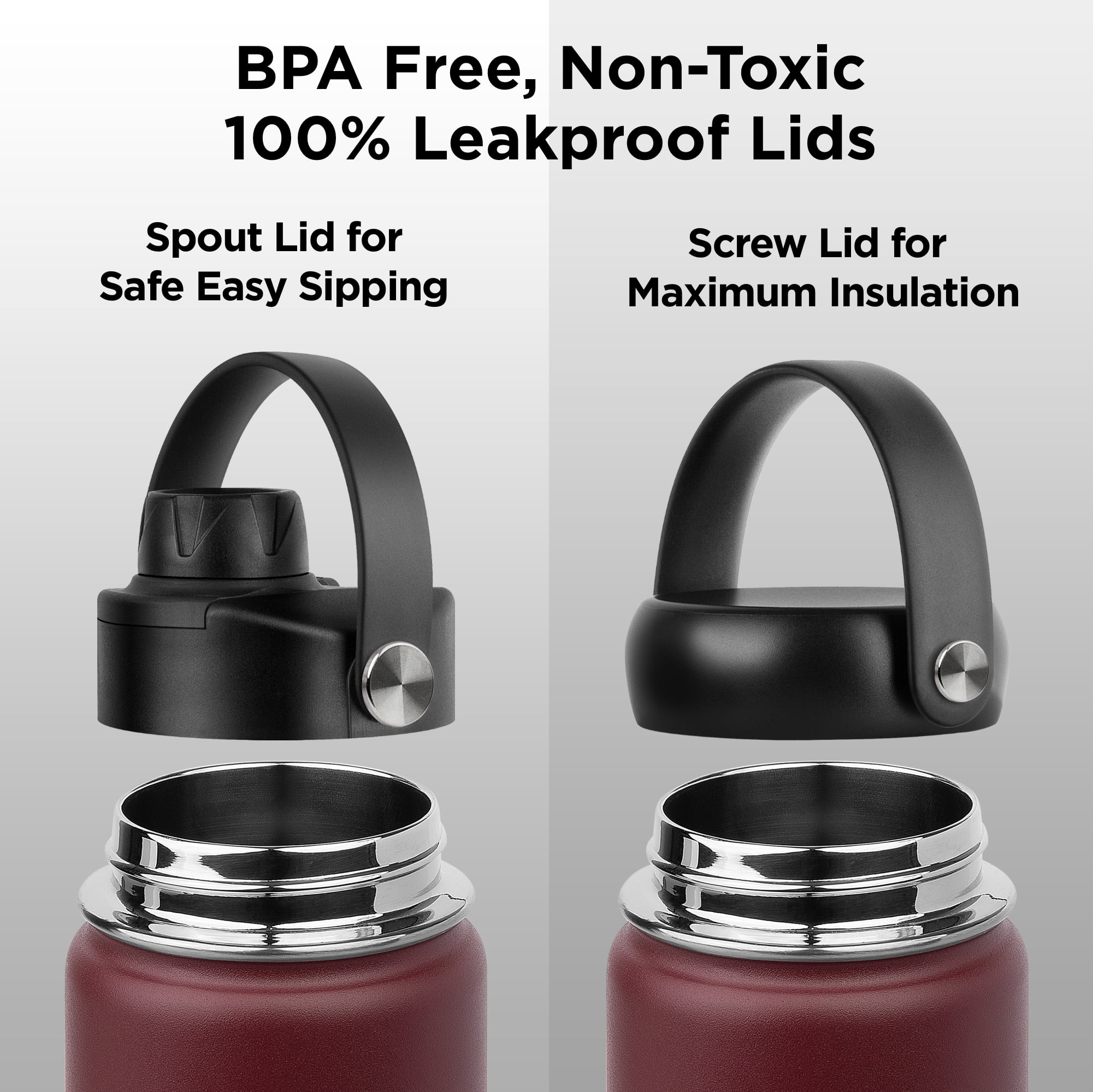 ThermoProof Double-Walled Vacuum Insulated Stainless Steel Water Bottle, Wide Mouth, Leakproof, 22oz, Burgundy