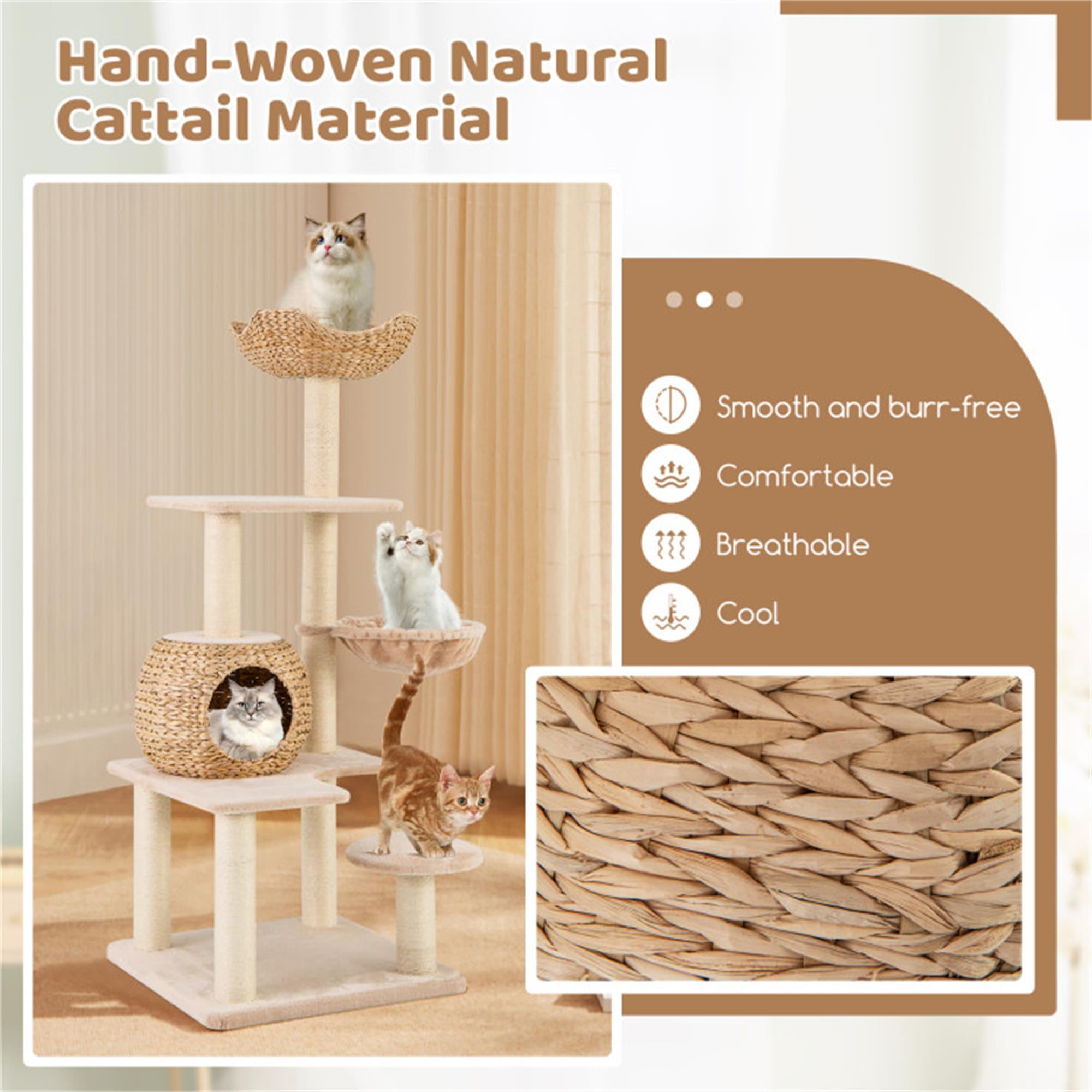 Kadyn 59" Modern Cat Tree Tower for Indoor Cats w/Natural Sisal Scratching Posts, Hand-Woven Condo and Top Perch, Cat Tree House for Kittens Climb Play, Beige
