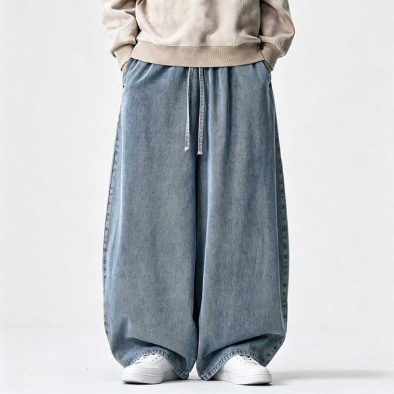 Blmnix Low Waisted Mens Pants Relaxed Fit Jeans Barrel Jeans Baggy Cargo Pants Long Blue Wide-Leg Casual Pants for Men,XXL