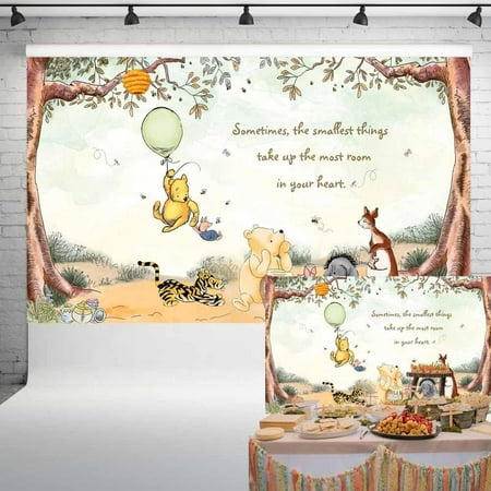 Image of Vintage Pooh Bear Baby Decorations Clic Winnie Neutral Backdrop with Green Balloon Newborn Birthday Cake