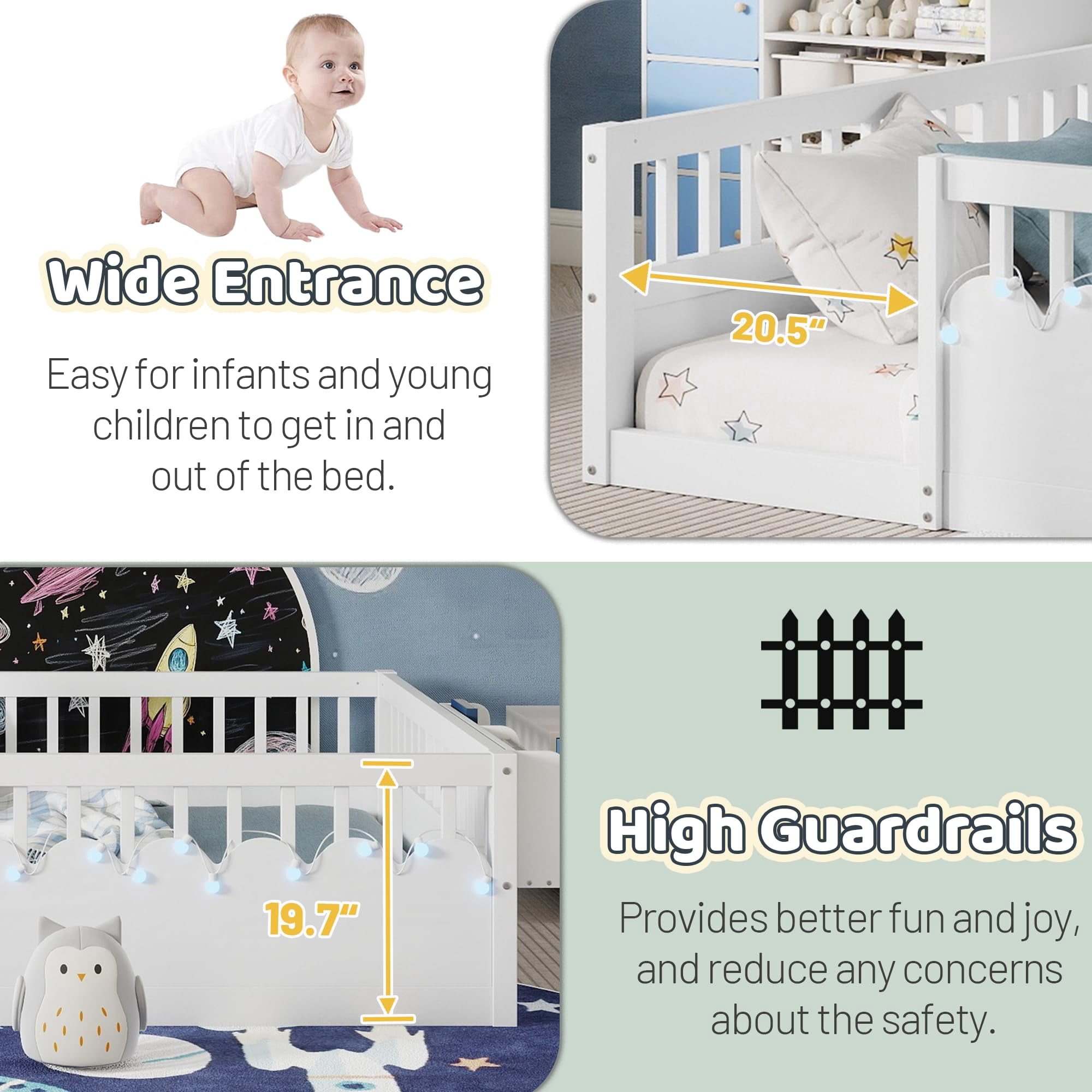 Mirightone Twin Montessori Floor Bed with Rails and Storage Shelf, Wood Floor Beds Frame with Light for Boys Girls, White