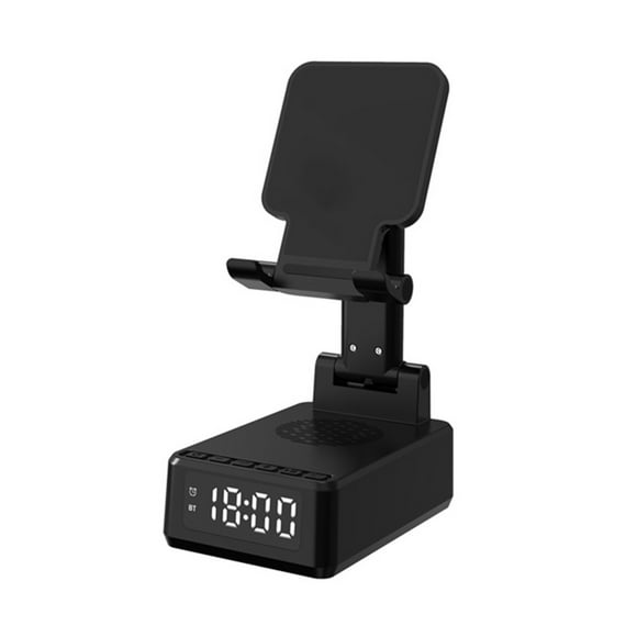 BQ12 15W Adaptive Wireless Charger Stand with 3W Speaker, 1500mAh Battery & Alarm Clock - Foldable/Stretchable Phone Holder, Bluetooth 5.3, 10M Range, 12/24H Display, ABS Material, Type-C Charging