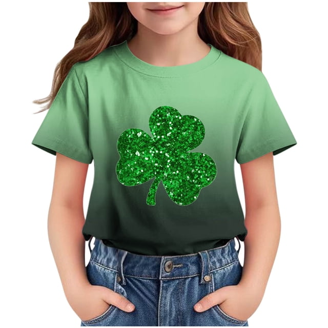 T-Shirt Imprimé de la Saint-Patrick pour Enfants, Col Rond à Manches Courtes, 95 % Polyester 5 % Élasthanne, Tissu Doux et Respirant, Tenue Décontractée pour Garçons et Filles de 3 à 14 Ans