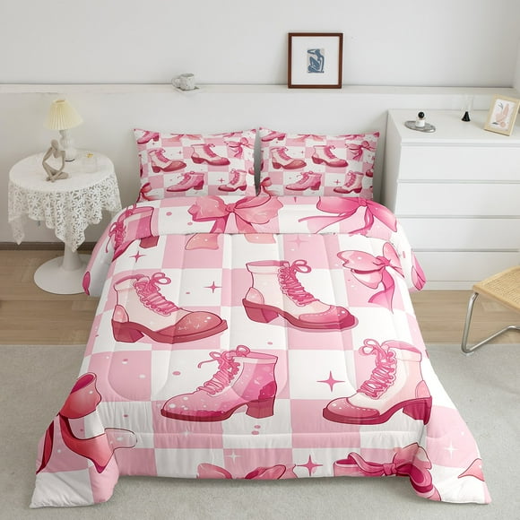 Erosebridal Pink Shoes Comforter Sets, Western Cowgirl Comforters & Duvets, Girly Plaid Decor, Breathable 2-Piece