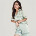 thumbnail image 2 of Women's Satin Pajama Set with Lace Trim Short Sleeve Button Top and Elastic Waist Shorts - Medium, Green, 2 of 7