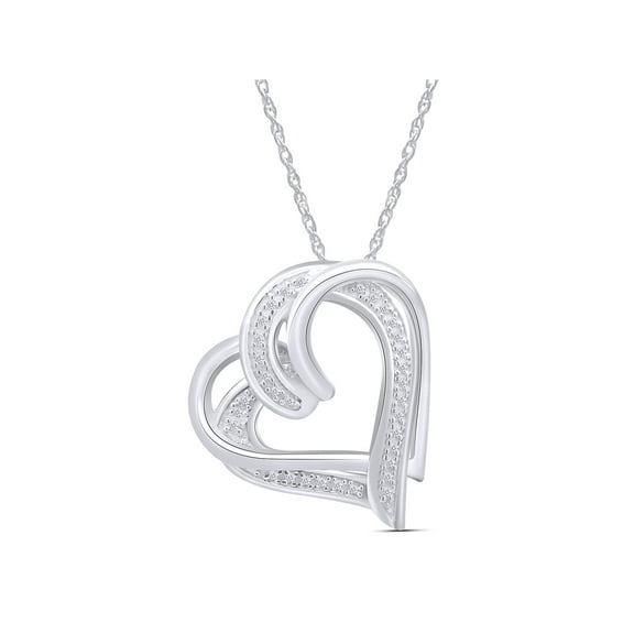 AFFY Round Cut White Natural Diamond Double Heart Pendant Necklace In 14K White Gold Over Sterling Silver (0.10 cttw, I-J Color, I2-I3 Clarity) With 18" Chain