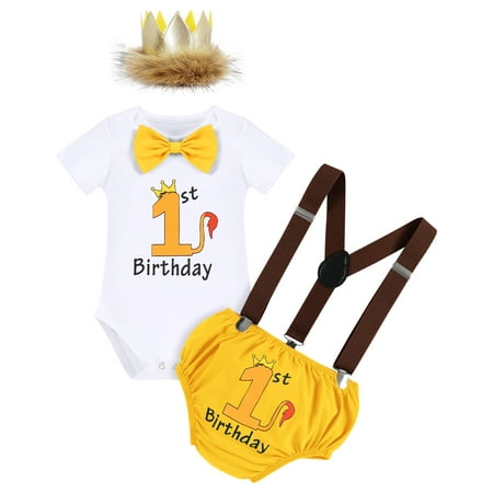 

IMEKIS Wild One Birthday Outfit Boy Bowtie Romper Suspenders Diaper Cover Crown Toddler Baby Jungle Safari Themed 1st Birthday Party Supplies Cake Smash Photoshoot 6-12 Months Yellow - 1st Birthday