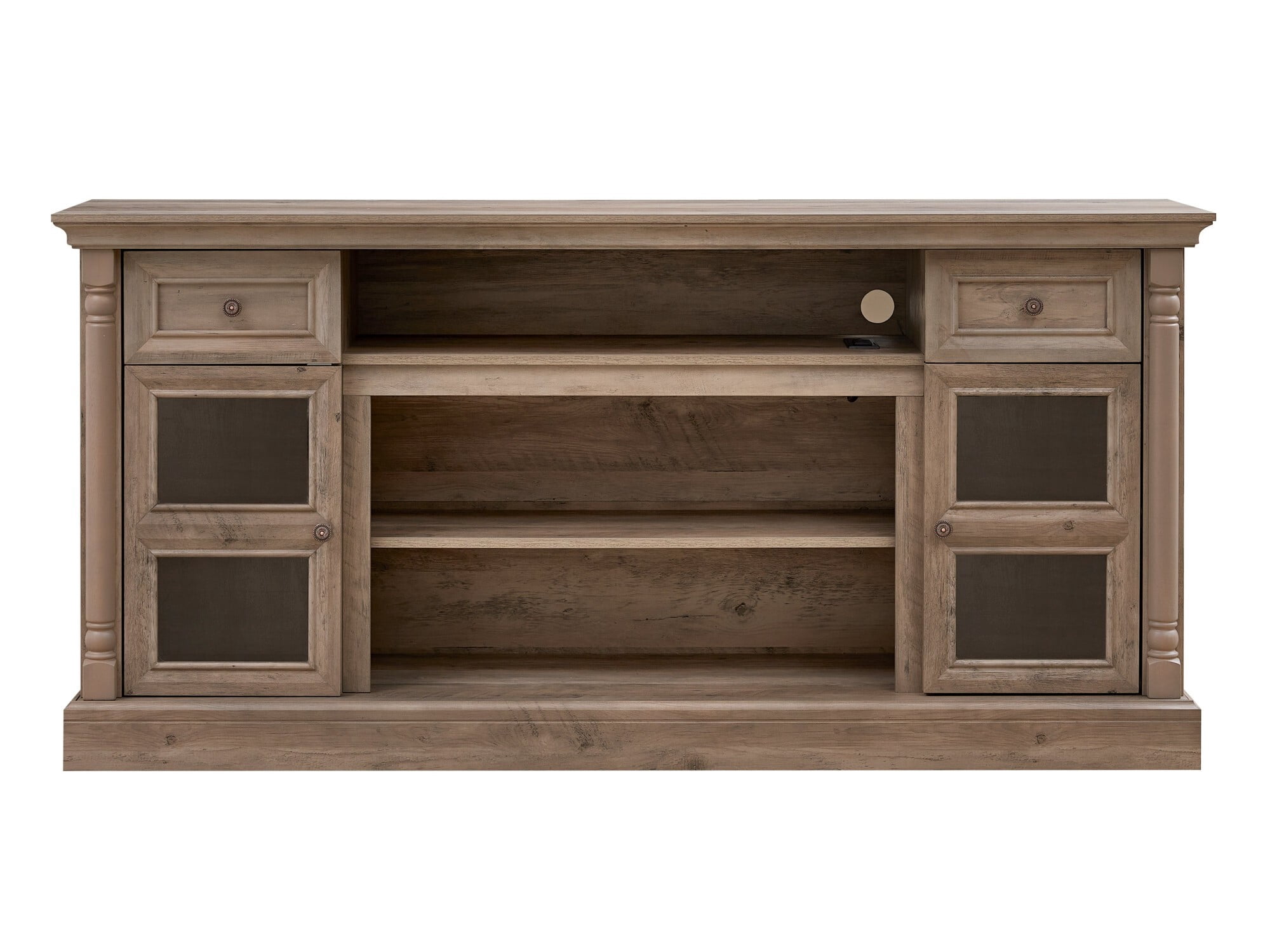 AENKYO 66" Farmhouse TV Stand with RGB LED Lights, Adjustable Shelves & Glass Doors for TVs up to 70in, Walnut