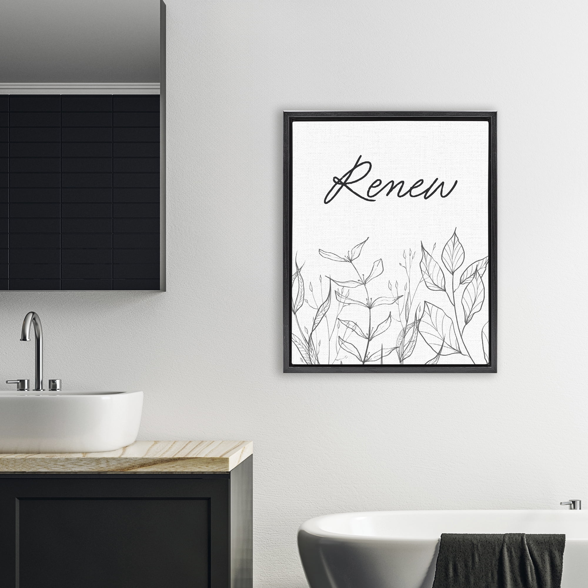Renew with Leaf Outlines Black Framed Floater Canvas Wall Art, design by Lettered and Lined