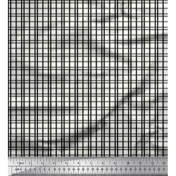 Soimoi Black Cotton Duck Fabric Window Pane Check Print Fabric by the Yard 42 Inch Wide
