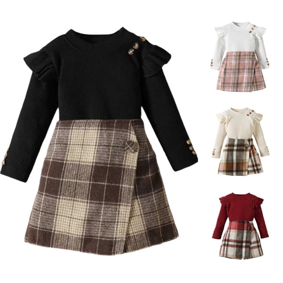 HCYSFG Girls Plaid Outfit Sets 2 Piece Mock Neck Long Sleeve Ruffle Shoulder Top And Wrap Mini Skirt Clothing Sets Button Detail Matching Sets