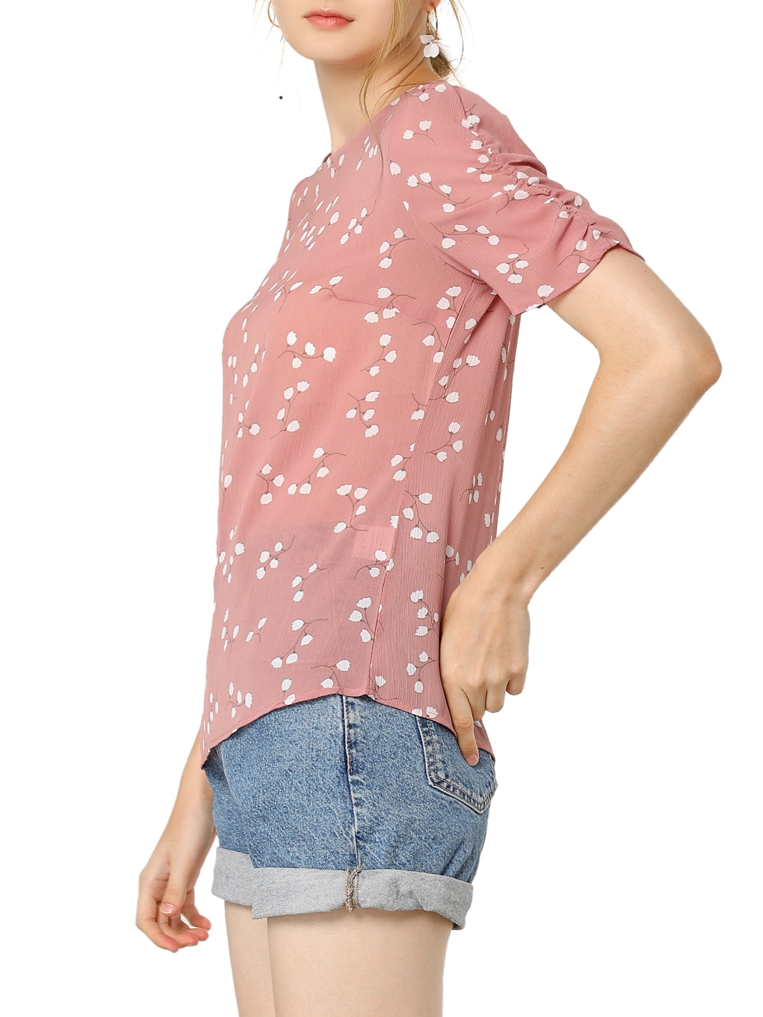 DARING DIVA Floral Crew Neck Shirred Short Sleeve Casual Top L Pink