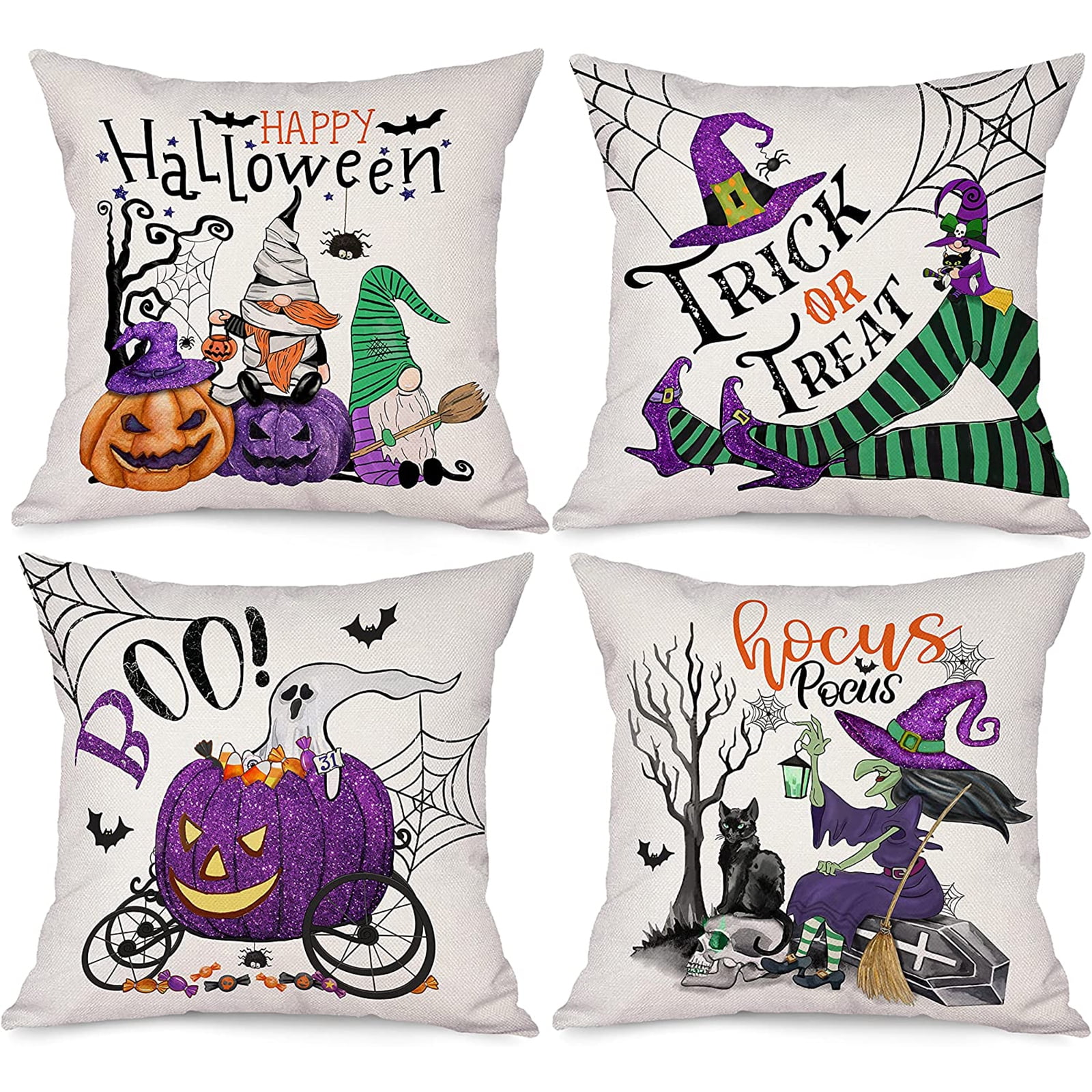 Husfou 4pcs Halloween Pillow Covers Linen Trick or Treat Pillow Case Halloween Decorations for Sofa Couch Bedroom Car Bedding, 18x18 inch