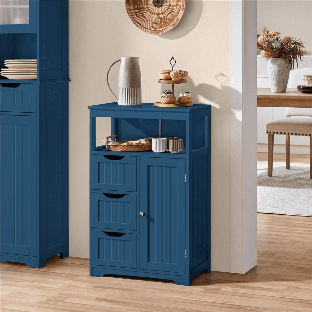 Yaheetech Wooden Floor Cabinet w/ Multi-Tiers & 3 Drawers, Navy Blue