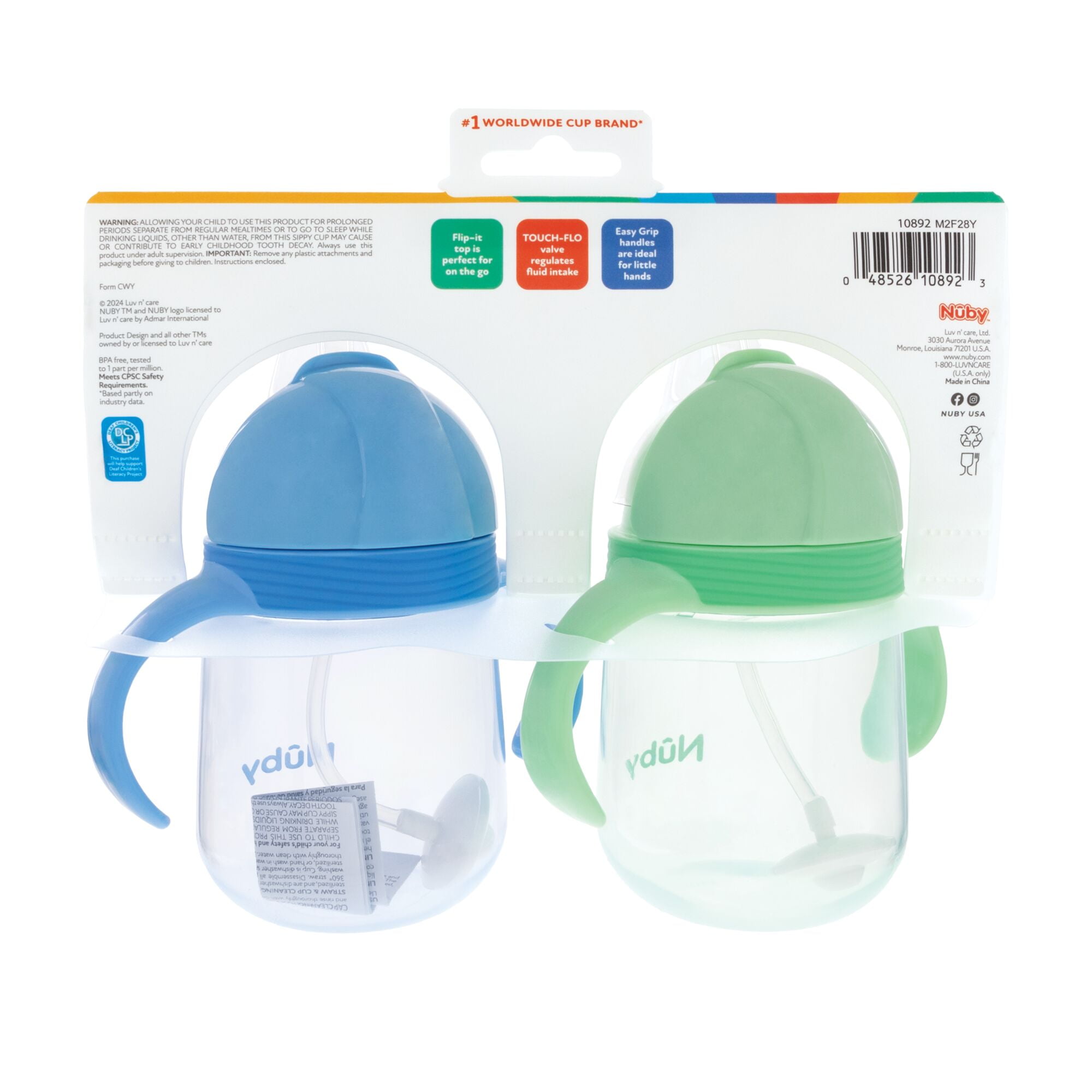 Nuby's Clik-It 2-Handle Silicone Trainer Cup with Weighted Straw for Toddlers, ages 12 months+, Blue/Green, 2 Pack