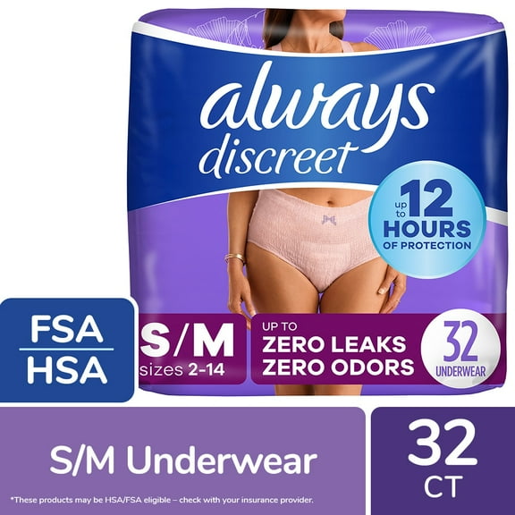 Pack of 2 Always Discreet Adult Incontinence & Postpartum Underwear for Women Small/Medium, 32 count (Package May Vary)