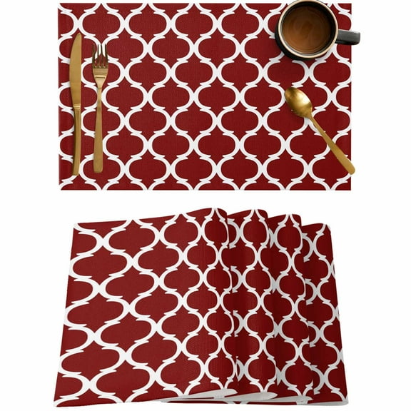 Burgundy Red Moroccan Stripe Placemats Set of 4,Wipeable Washable Table Mats for Dining Tables,Abstract Geometric Buffalo Plaid Place Mats for Kitchen Event Party Tabletop Decor