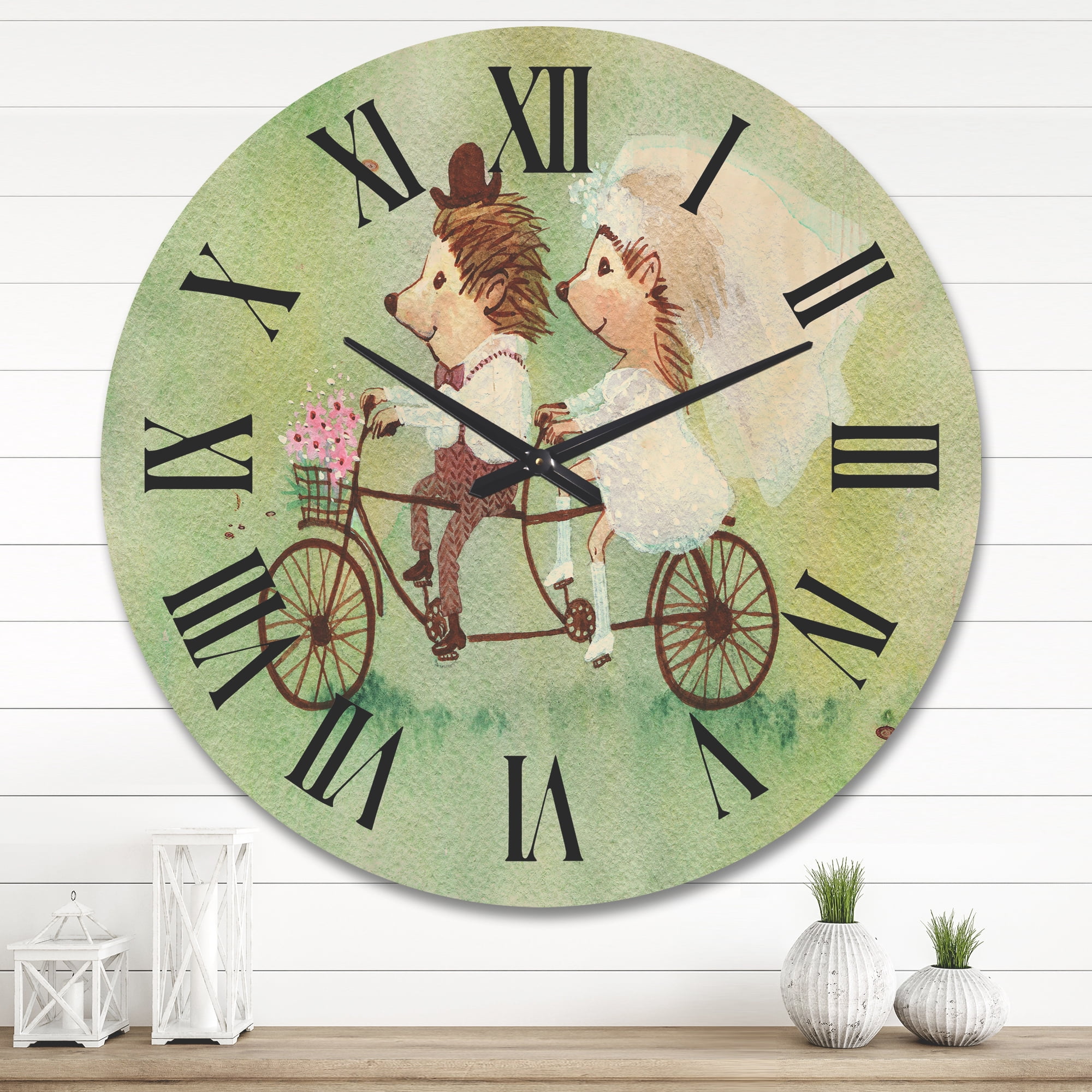 Designart 'Wedding Couple of Hedgehogs Riding A Bike' Traditional Wood Wall Clock