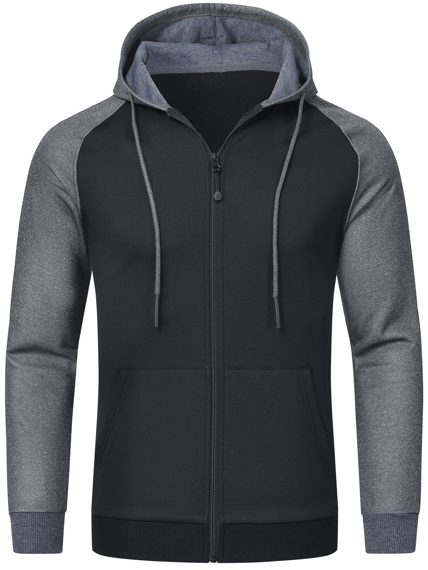 Weilanxin Men's Color Block Pullover Fleece Hoodie Casual Hooded Sweatshirts Tops Full Zip Jacket with Pocket Athletic Hoodies For Men Dark Grey Contrast Black M