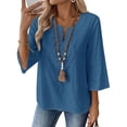 thumbnail image 2 of Women's Cotton Linen 3/4 Sleeve V Neck Lace Blouse Loose Fit Casual, 2 of 8
