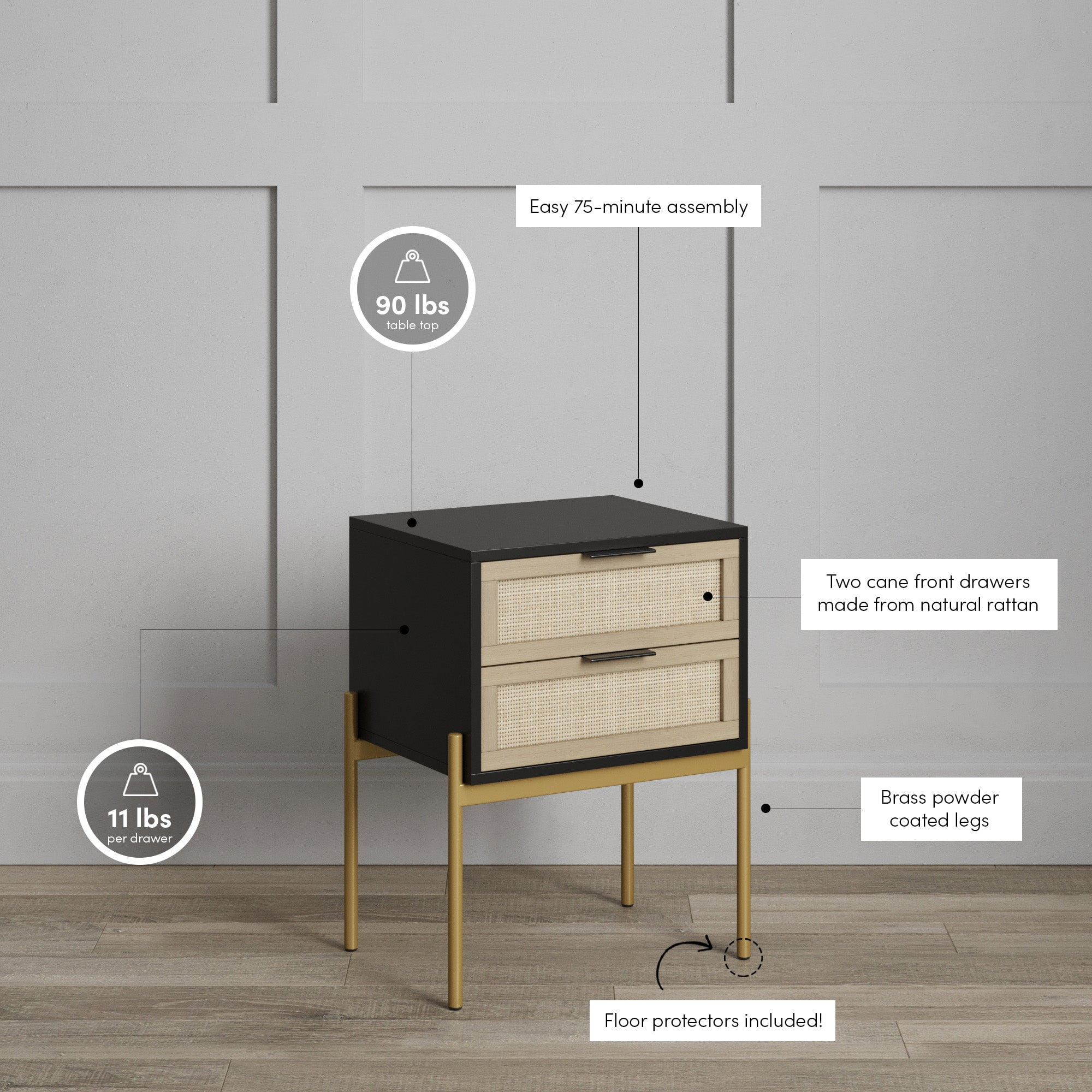 Nathan James Andrew Side Table with 2 Drawers, Black/Gold