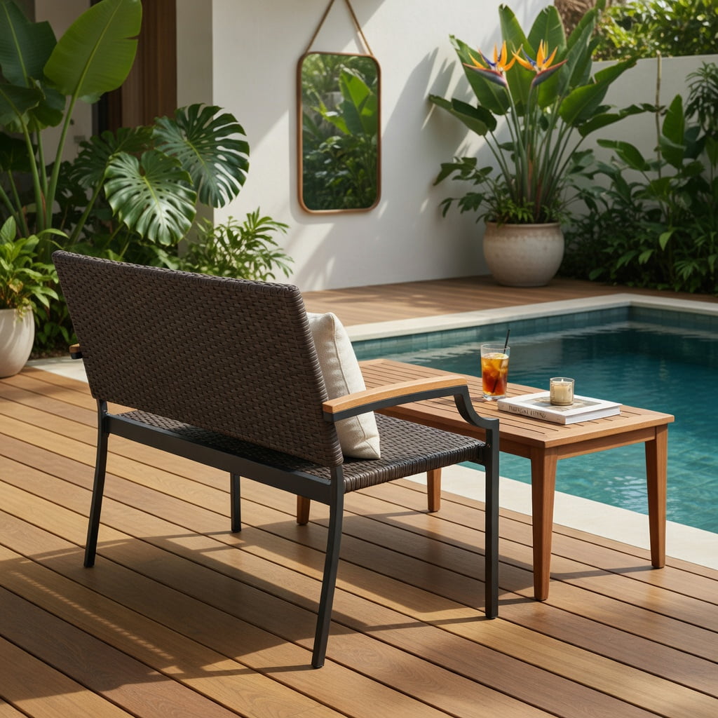 Hommoo Outdoor Wicker Loveseat with Acacia Wood Armrests & Heavy-Duty Metal Frame, PE Rattan Stackable Patio Sofa for Backyard, Porch, Garden, Brown
