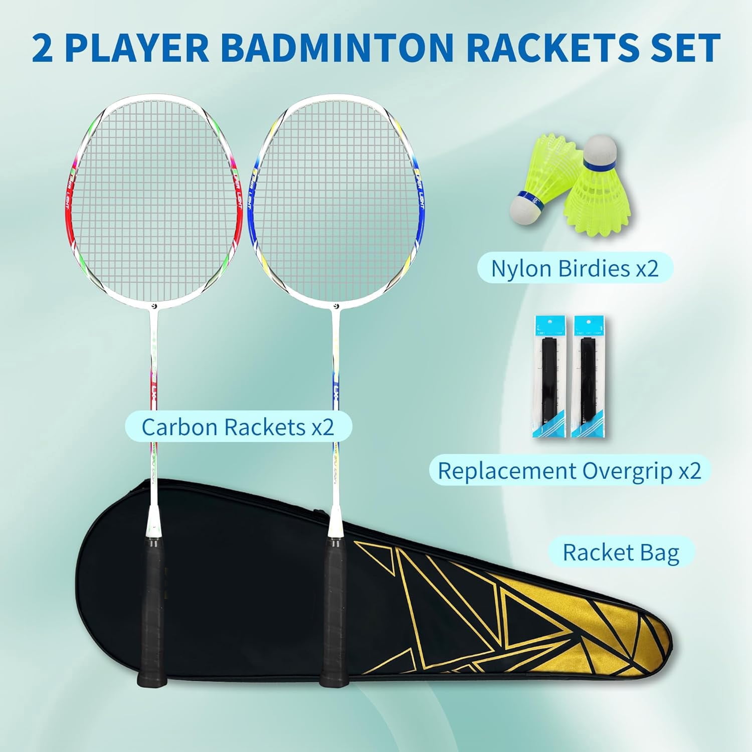 Carbon Composite Badminton Rackets - Complete 2-Player Kit with Bag | Lightweight & Easy to Use