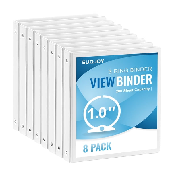 Carpeta de 3 anillas SUQJOY de 1 pulgada con 2 bolsillos interiores, paquete de 8, color blanco