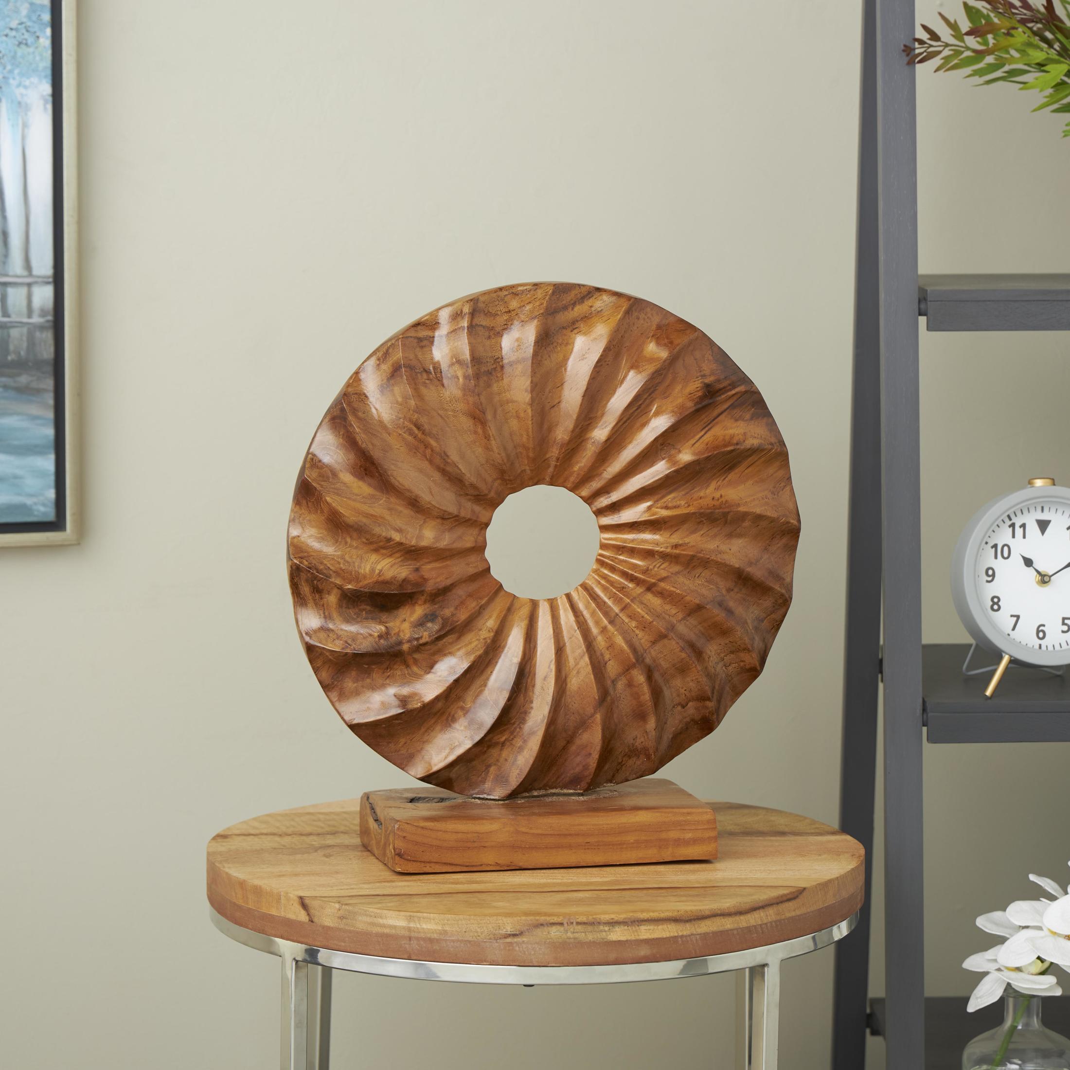 16" x 17" Brown Teak Wood Handmade Dimensional Circular Sun Sculpture with Center Cutout, by DecMode