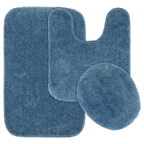 Garland Rug Traditional Washable Bath Rug Set, 3 Piece Set (21"x34" Bath Rug, Contour Rug, & Toilet Lid) Basin Blue