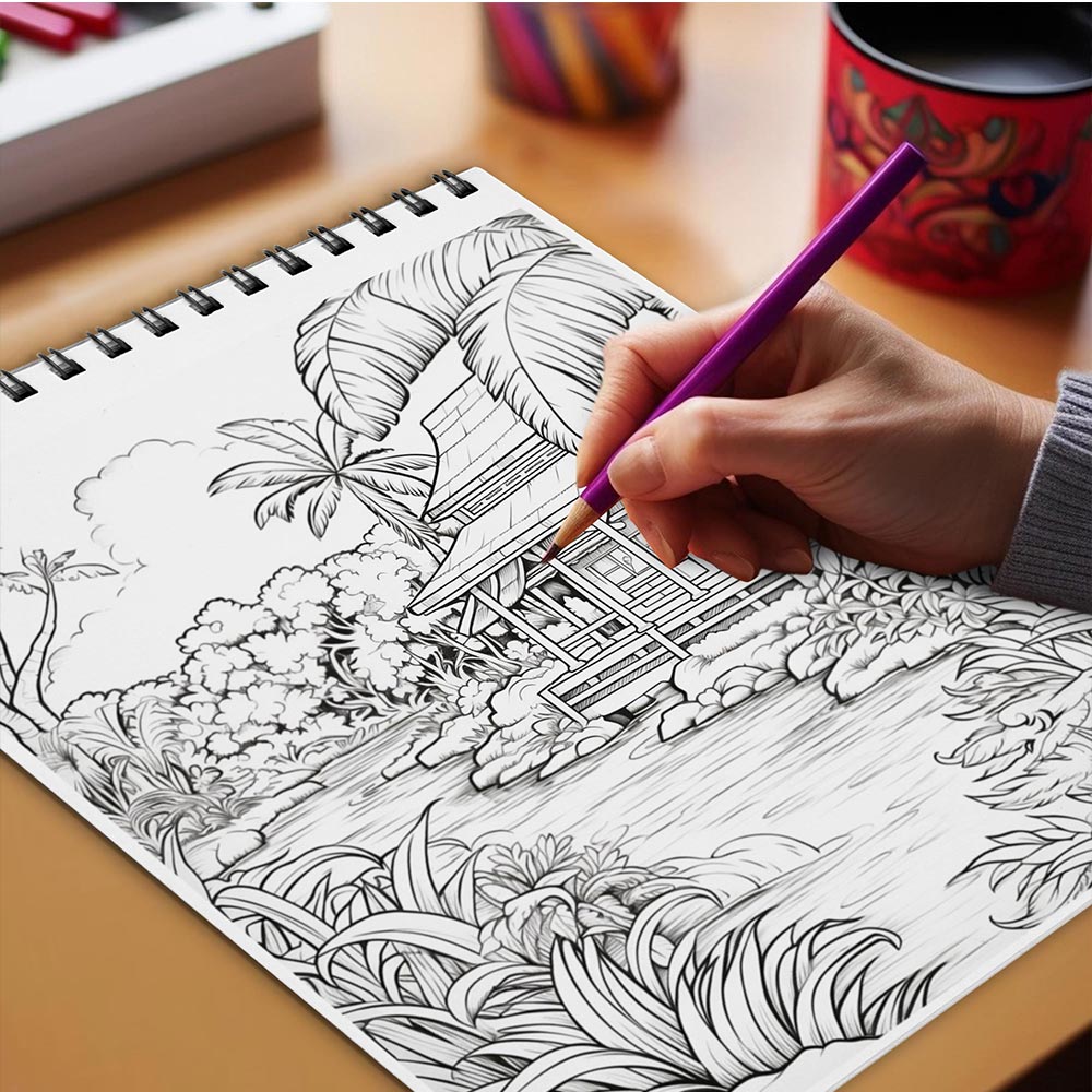 Netecom Tropical Scenes Coloring Book for Adults, Spiral Bound, Soft Cover