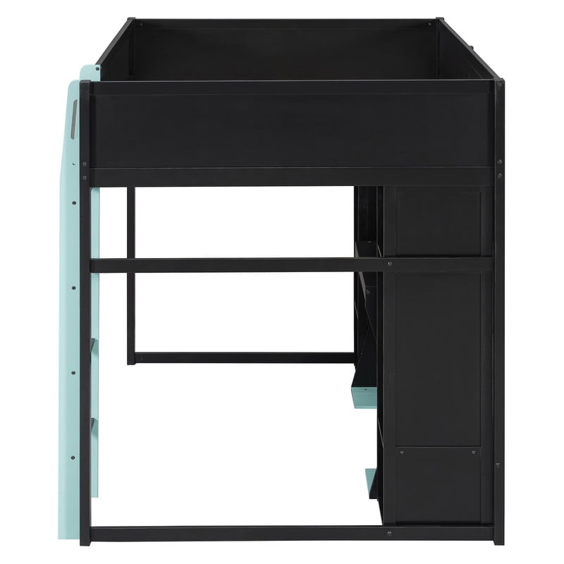 Full Size Wooden E-Sport Loft Bed with Desk, LED Lights & Charge Station, Storage Bed Frame with Built-in Wardrobe & Cabinets