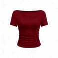 thumbnail image 4 of Uootdi Womens Tops Boat Neck Ruched Slim Fit Short Sleeves Rib Knit Soft Comfy Casual Daily Going Out Shirts Gift, 4 of 5