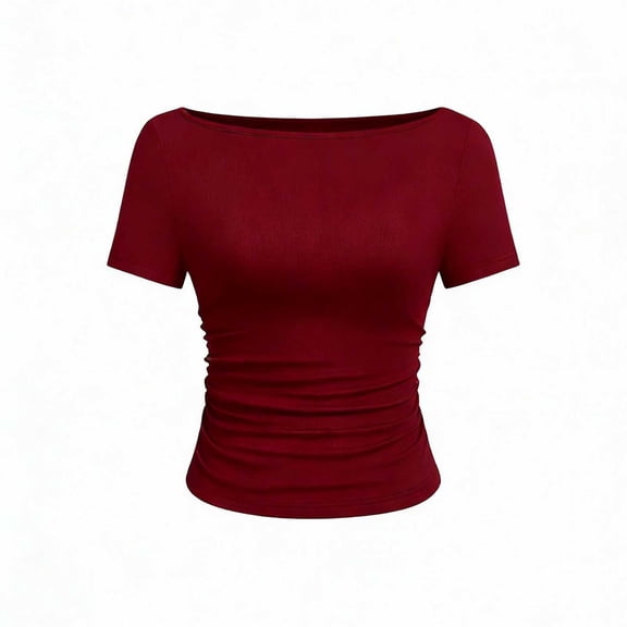ctdiral Solid Color Satin Tops for Women Boat Neck Short Sleeve T Shirt Fashion Slim Fit Tees Dressy Business Office Pullover Tops Green XL