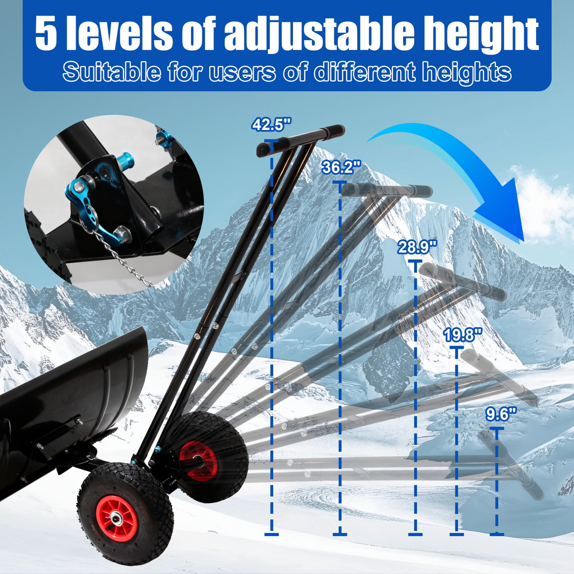 Noble House 30" Metal Snow Shovel Pusher with Double Rod, Rubber Wheels and Adjustable Handle, Heavy Duty, Black