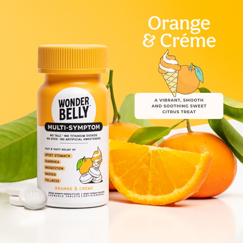 Wonderbelly Multi-Symptom Relief Chewable Tablets, Orange & Creme Flavor, 262 mg, 40 Count
