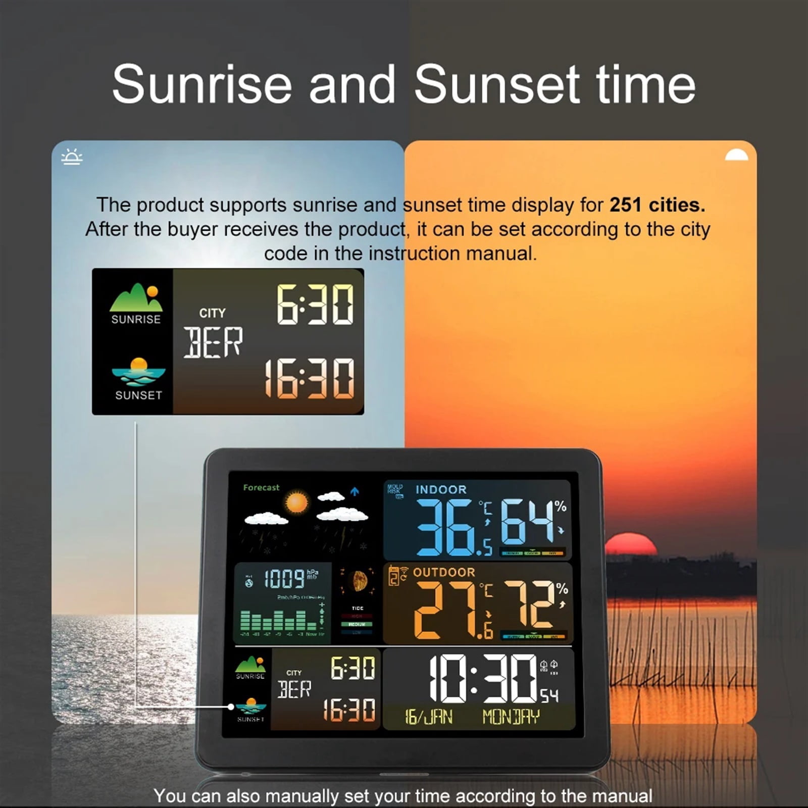 FJ3566M Smart Weather Station with Clock Temperature & Humidity Meter Large Color Screen Weather Clock Gauge with 1 Sensor ,High Precision