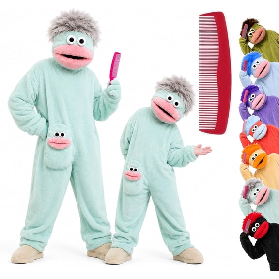 Zydvens Big Mouth Monster Adult Onesie with Large Comb Prop - Big Mouth Puppet Cosplay Soft Plush Loungewear Pajamas - Oversized Fleece Sleepwear Costume Jumpsuit for Parent & Little One