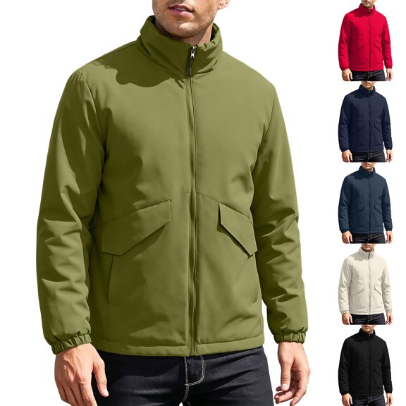 FRSASU Men's Full‑Zip Stand Collar Casual Jacket Wind‑Resistant Lightweight Coat with Big Flap Pockets Hiking Travel Outfits Red