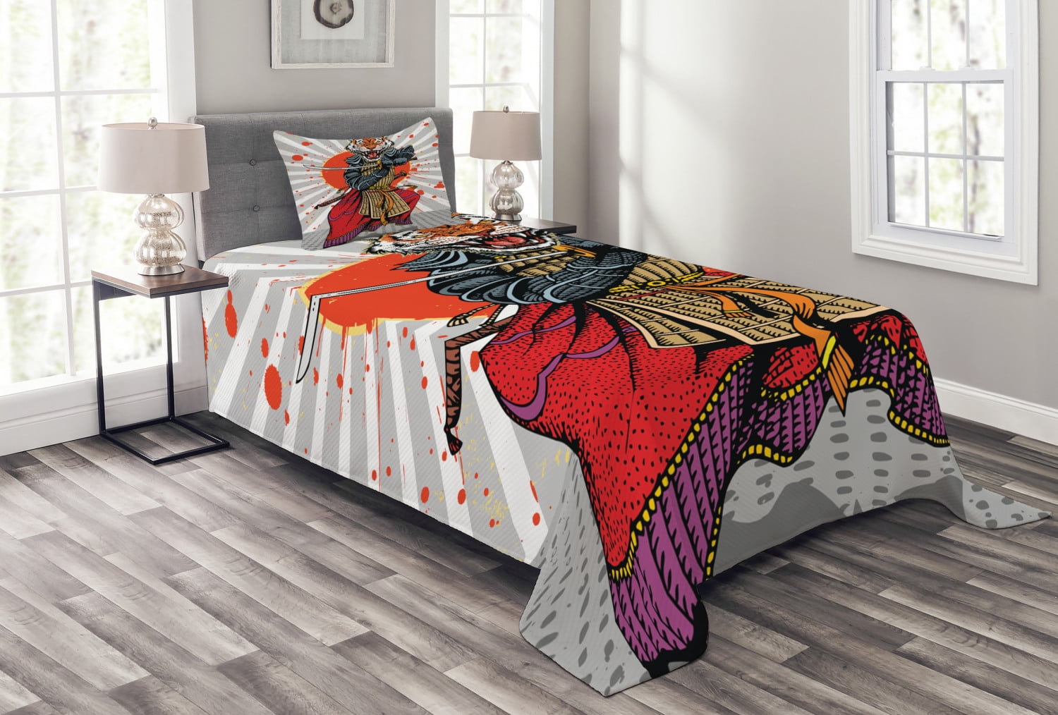 Japanese Bedspread Set Twin Size, Samurai Tiger with Traditional
