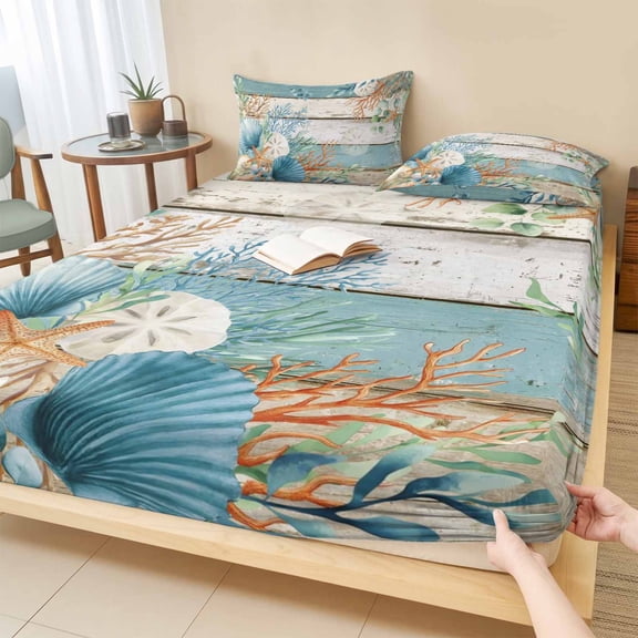 King Size Fitted Sheet Set - Teal Brown Beach Coastal 3 Piece Bedding Sets 16" Deep Pocket Fitted Sheet with 2 Pillowcases, Summer Nautical Coral Shell Botanical Vintage Microfiber Hotel Bed Sheets