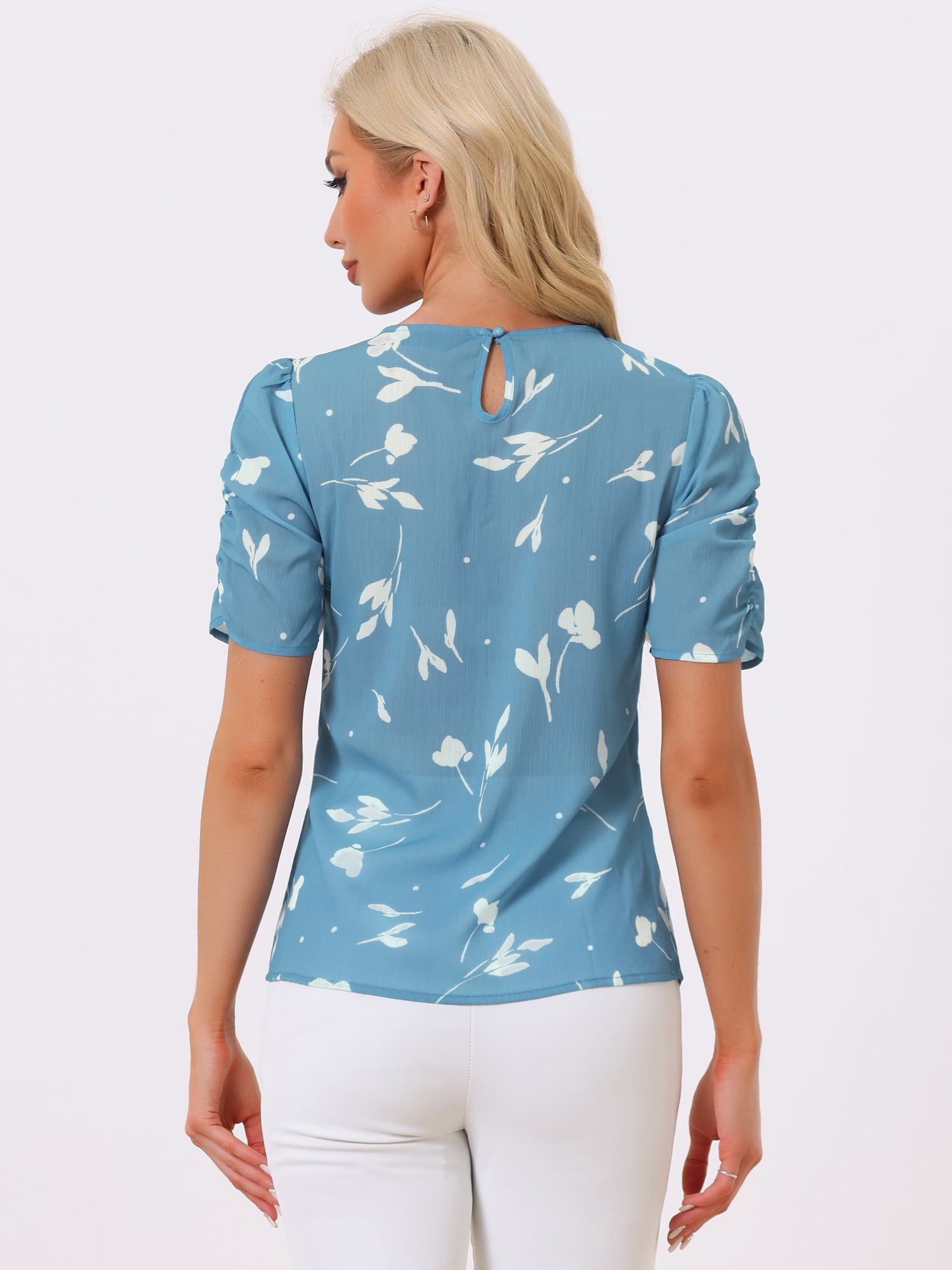 DARING DIVA Floral Crew Neck Shirred Short Sleeve Casual Top XL Blue Floral