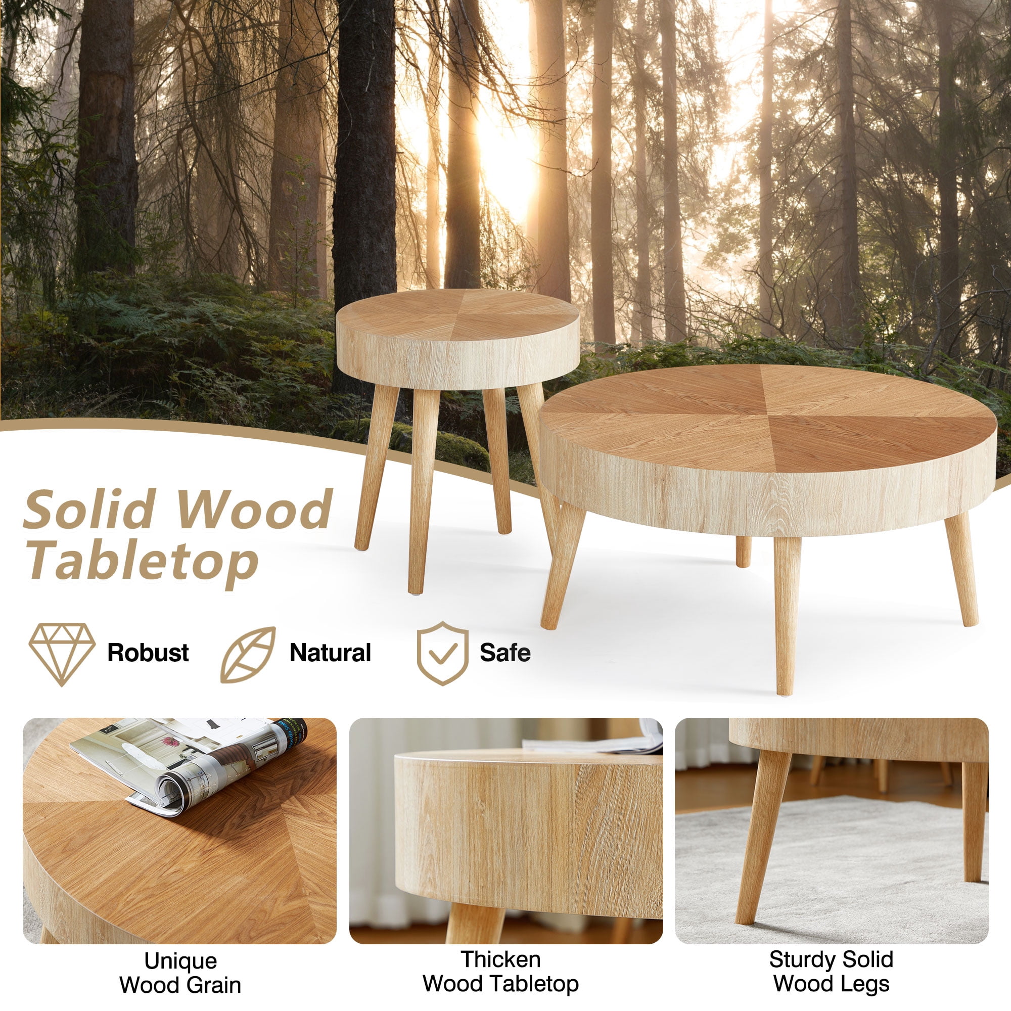 YOCWO 2-Piece Modern Round Coffee Table Set for Living Room, Faux Wood End Table, Natural, 29.13" D * 14.17" H, 15.75" D * 17.71" H