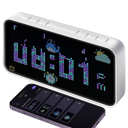 Dekala PixelRise Smart Alarm Clock for Bedroom,Pixel Art LED Dot Matrix Display, Weather Temperature Animation, Loud Dual Alarm for Heavy Sleeper, Sleep White Noise, WiFi Weather & DST Time Sync, App