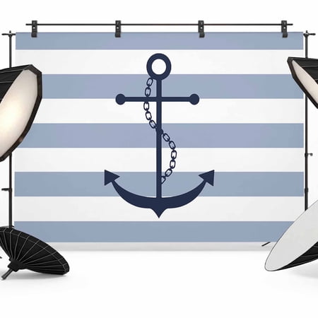 Nautical Anchor Backdrop for Photography Sky Blue and White Striped Photo Backdrop Portrait Background Party Banner Photo Backgrounds for Studio Booth Props 12x8ft
